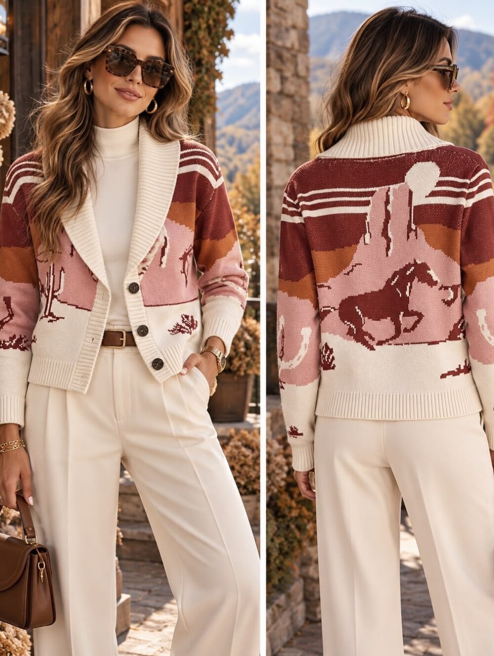 5. Cream & Pink Western Motif Shawl Collar Cardigan Sweater
